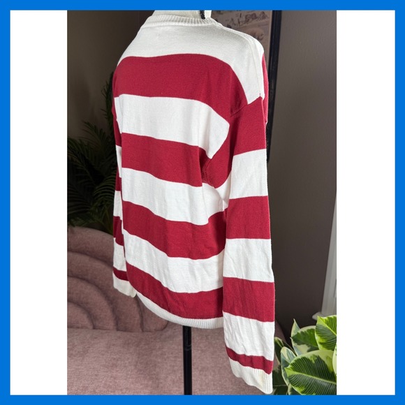 Zara Striped Knit Sweater Red White Number 7 Applique Preppy Collegiate Pullover - Picture 4 of 13